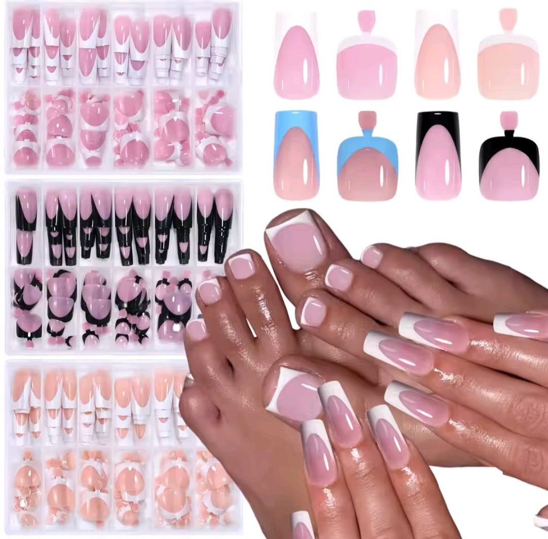 144pcs French hand and foot wear nail set summer short square shiny false toenail acrylic full coverage suitable for nail salon