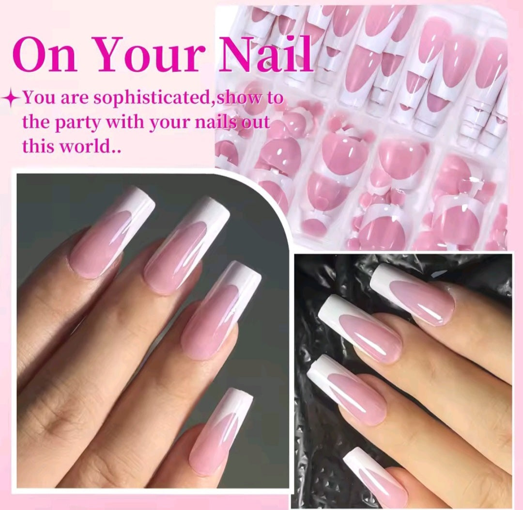 144pcs French hand and foot wear nail set summer short square shiny false toenail acrylic full coverage suitable for nail salon