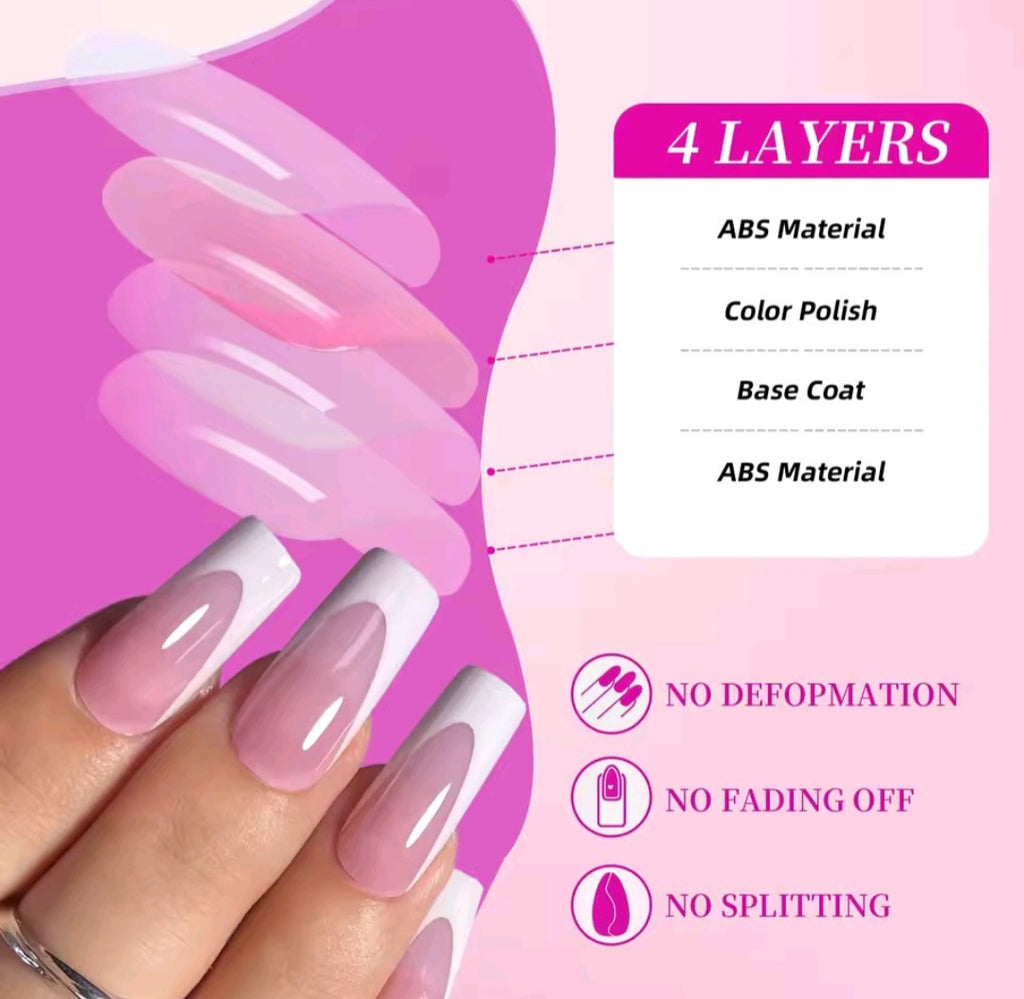 144pcs French hand and foot wear nail set summer short square shiny false toenail acrylic full coverage suitable for nail salon