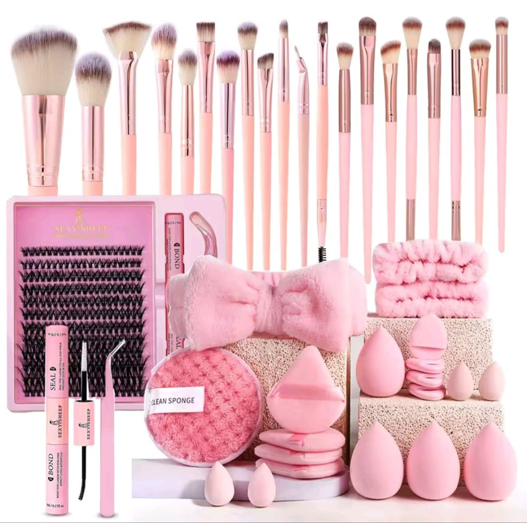 Makeup Brushes and Sponges Set, Pink Makeup Puff,  Headband, Wristband Remover ,  8-16mm DIY Eyelash Extension Kit makeup tool